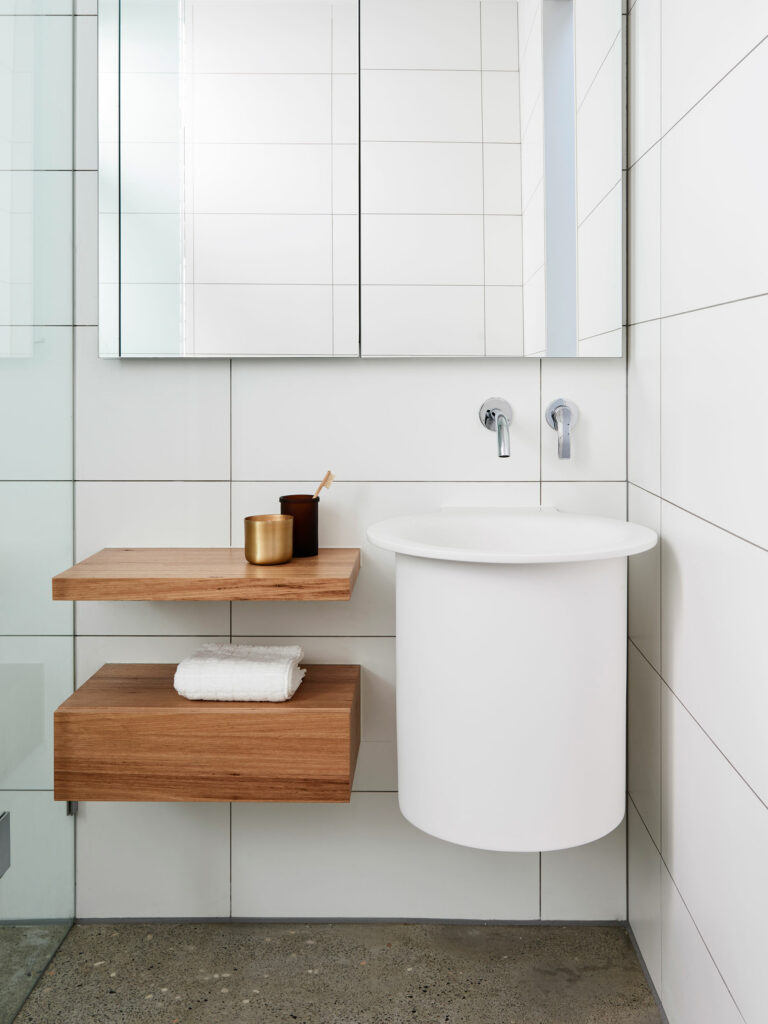 Maike Design bathroom wall hung basin and timber storage