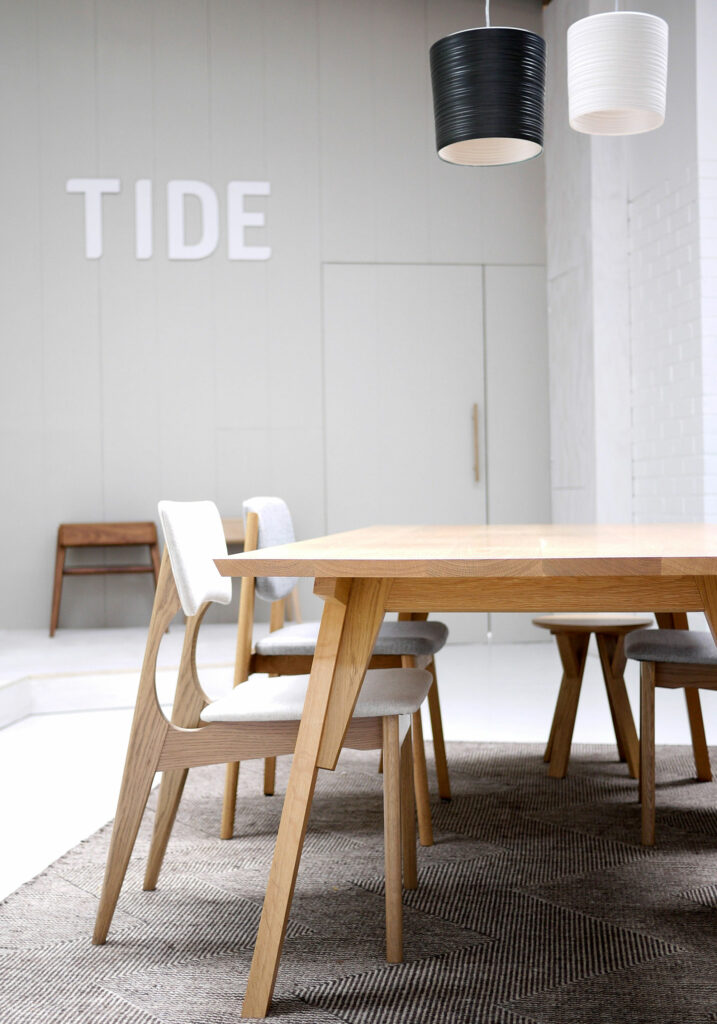 Maike-Design_TIDE-showroom-8 Maike Design furniture showroom, timber dining table with rug and ceramic pendant light