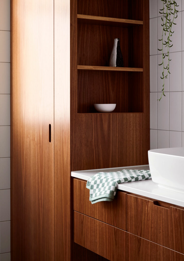 Maike Design bathroom. Timber joinery detail, white ceramics