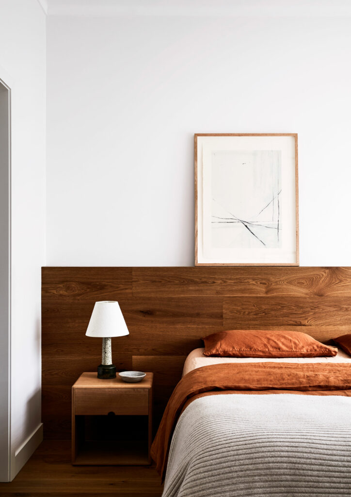 Maike Design Bedroom with timber bedhead. Teracotta Linen and wool blanket