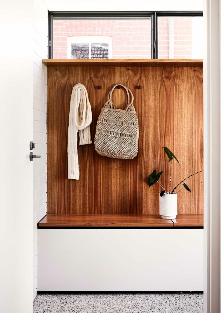Maike Design mudroom. Bootroom. Benchseat. Terazzo floor. Timber joinery